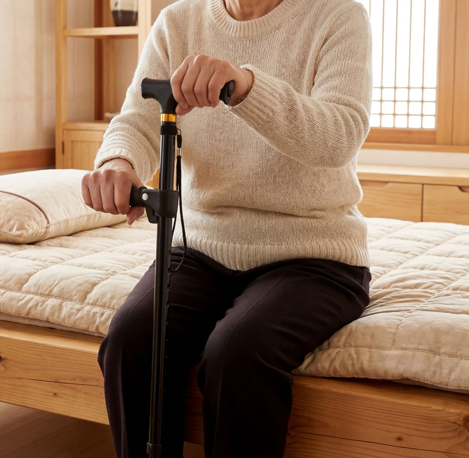 보조 손잡이를 잡고 일어나는 어르신